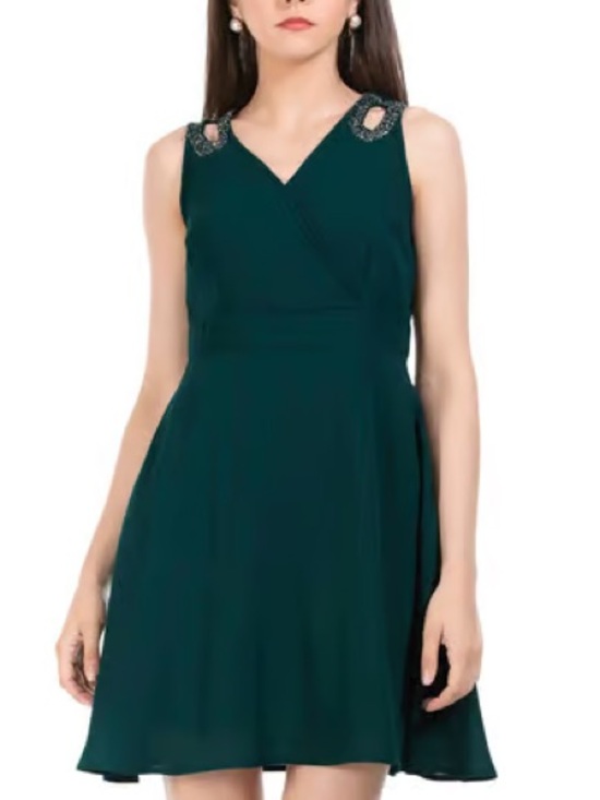 faballey Dresses & Skirts - Emerald Green Sleeveless Mini Dress with Shoulder Rhinestone Accents